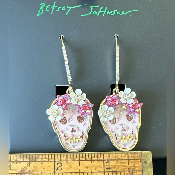 Betsy Johnson Opulent Pink SugarSkull & Flower Drop Earrings Halloween Party - Picture 1 of 5